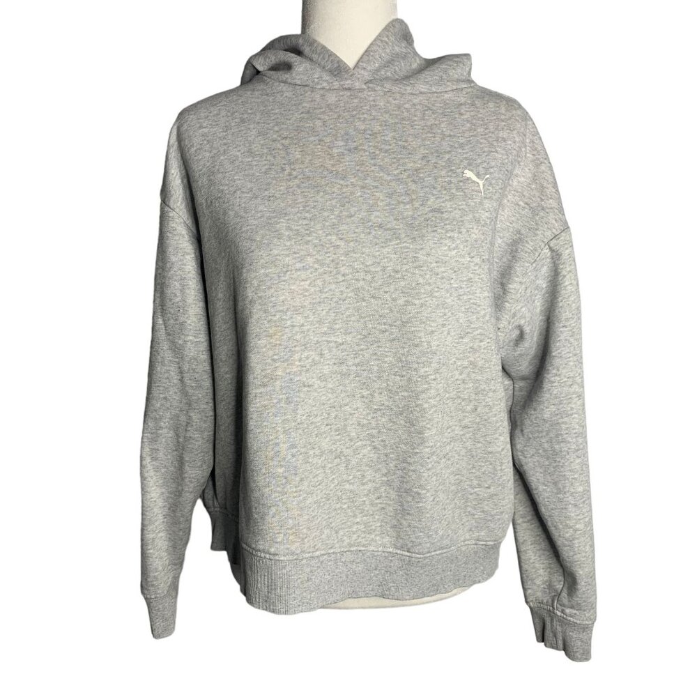 Puma Cropped Logo Hoodie Sweatshirt M Grey Fleece Spellout Long Sleeve Oversized